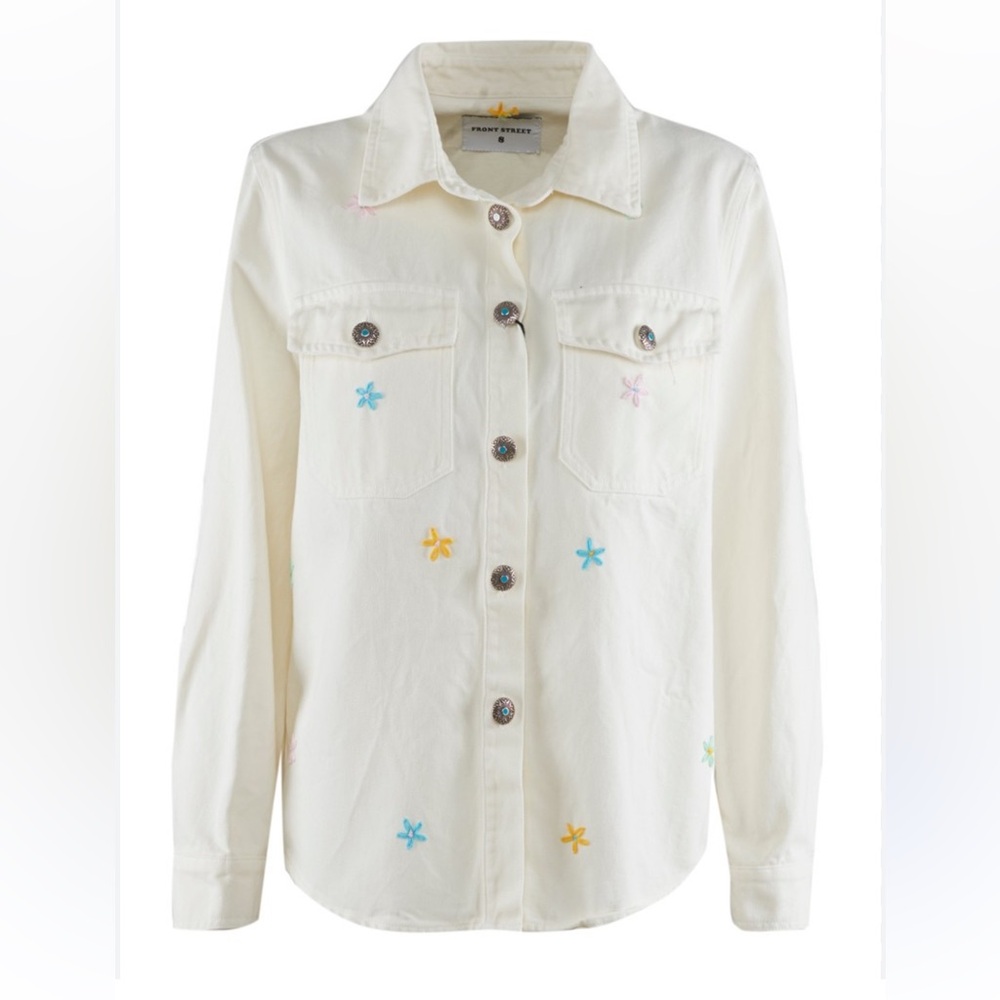 Front Street Cream Jean Jacket with flower Embroidery